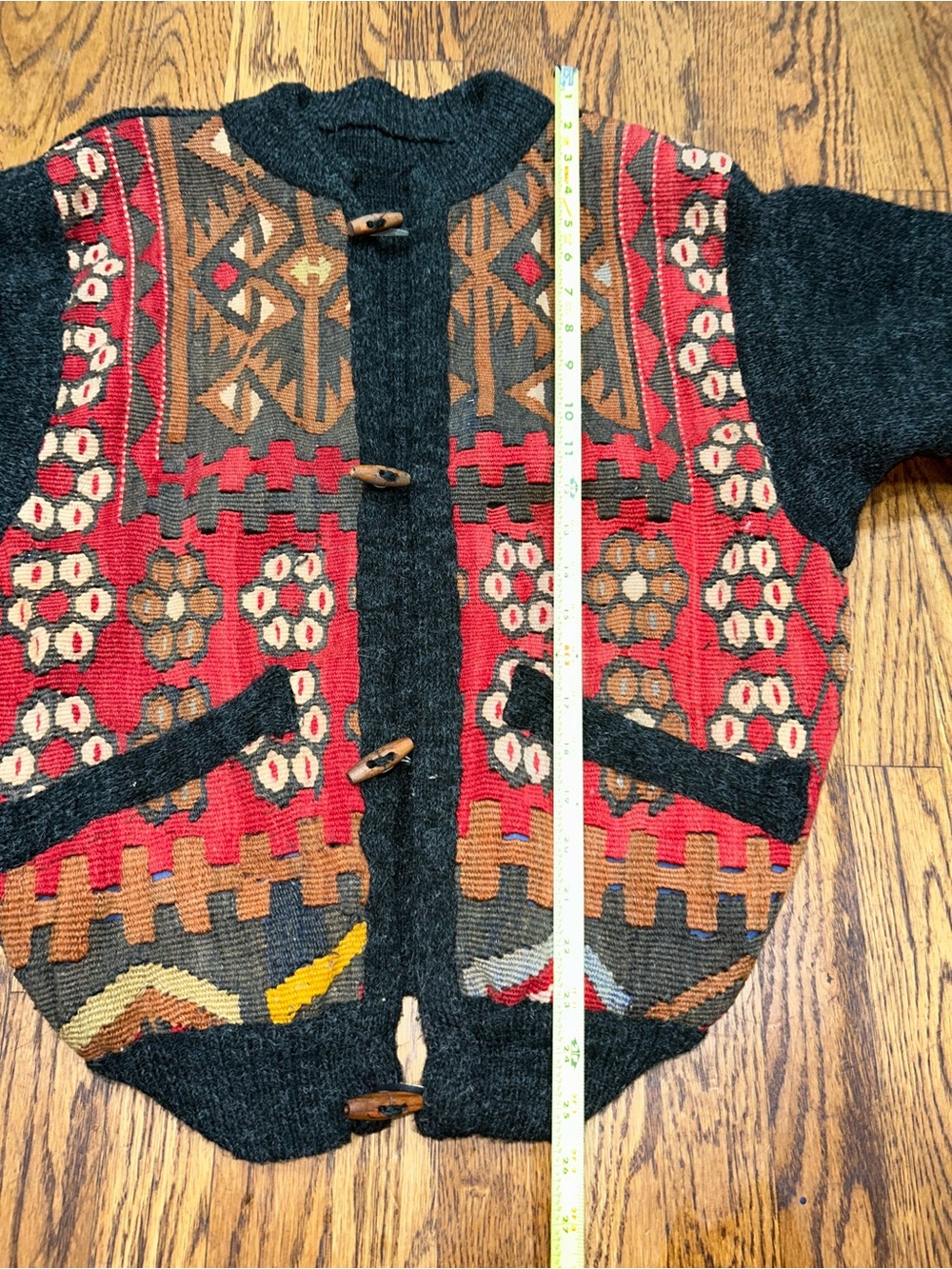 Patterned Toggle Cardigan Sweater - Black with Red & Brown Accents - Picture 6 of 7